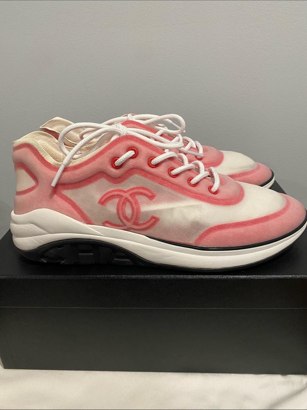 CHANEL Pink Gradient Luxury Logo Lace-Up Sneakers